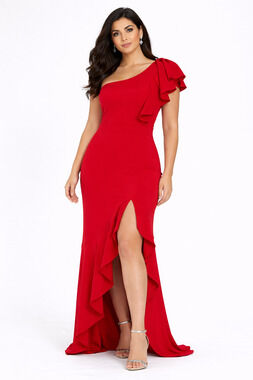 Symphony One Shoulder Ruffle Gown Formal Evening Maxi Dress Size Medium Red